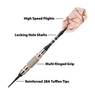 Dart with pink camouflage flight, black shaft, metal bands, and textured grip section