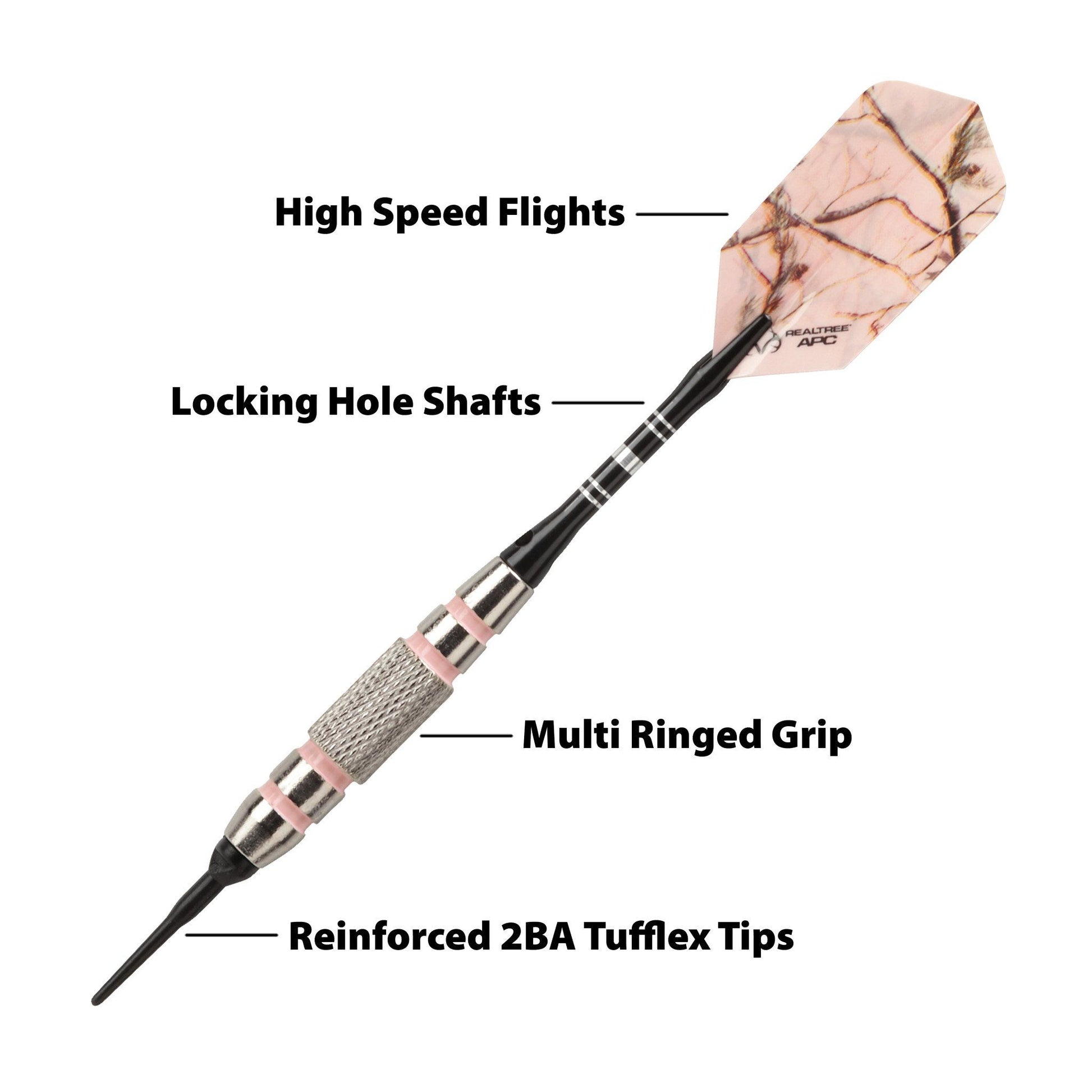 Dart with pink camouflage flight, black shaft, metal bands, and textured grip section