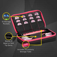 Pink and black dart case with 12 storage pockets and accessory tube