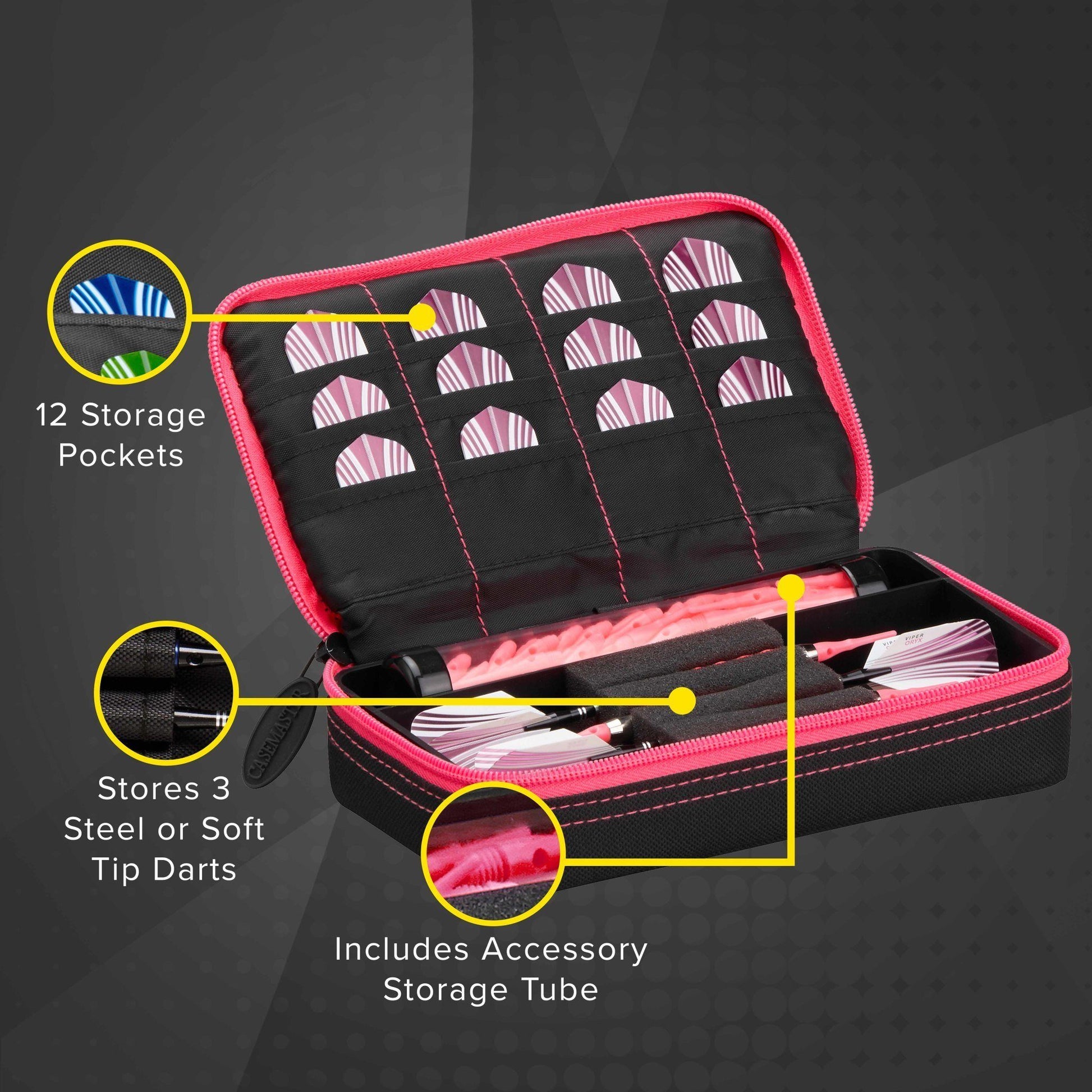 Pink and black dart case with 12 storage pockets and accessory tube