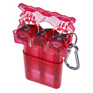 Translucent red plastic dart case with open lid revealing darts and metal carabiner clip