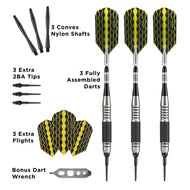 Three darts with yellow diamond flights, metal barrels, black grips, and spare shafts, tips, and flights