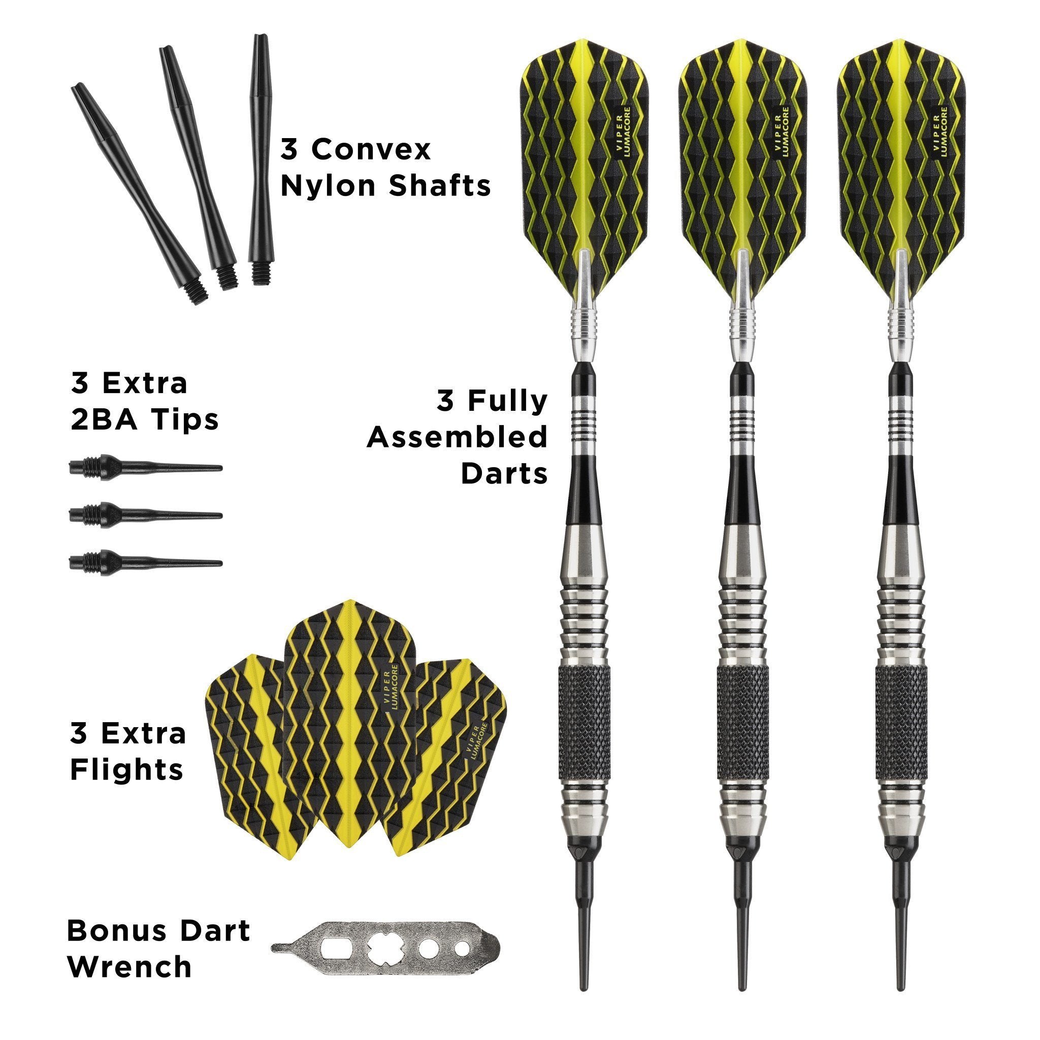 Three darts with yellow diamond flights, metal barrels, black grips, and spare shafts, tips, and flights