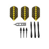 Three yellow and black dart flights with black barrels, shafts, and points