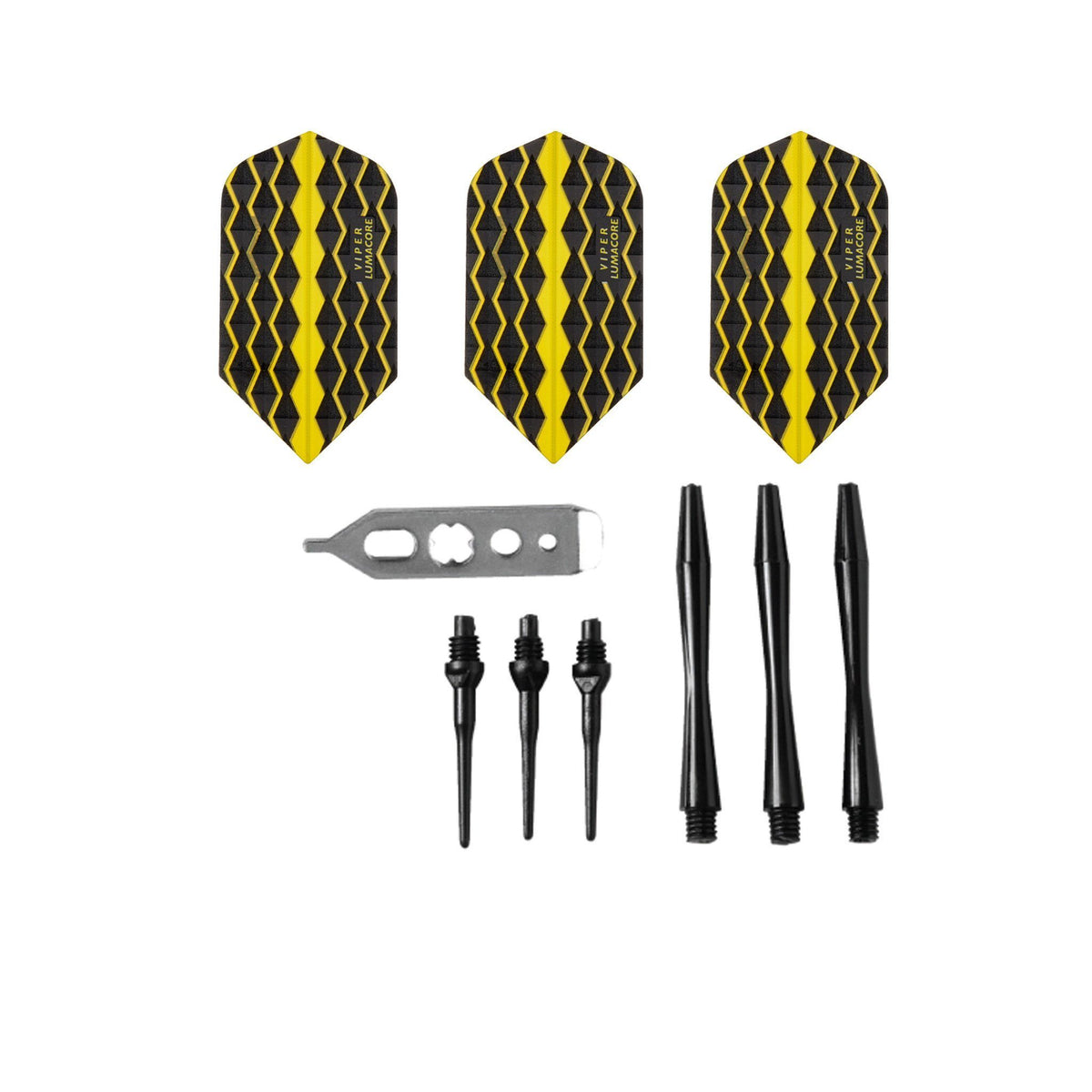 Three yellow and black dart flights with black barrels, shafts, and points