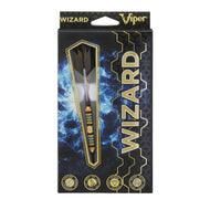 Viper Wizard dart package showing black dart with gold bands and textured flight on blue lightning background