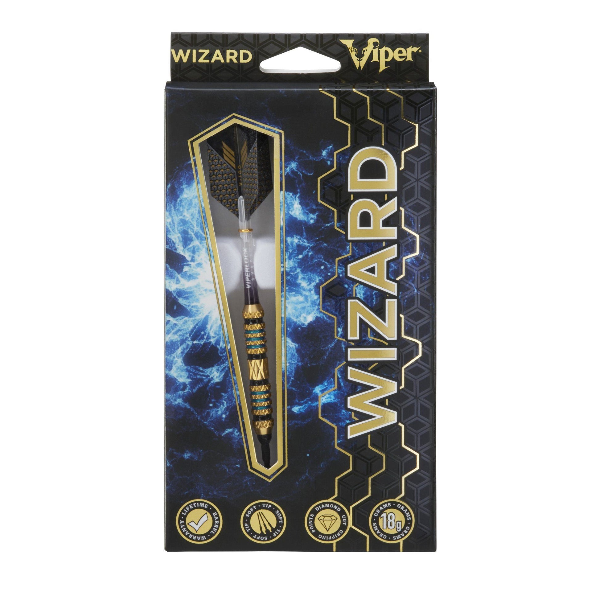Viper Wizard dart package showing black dart with gold bands and textured flight on blue lightning background