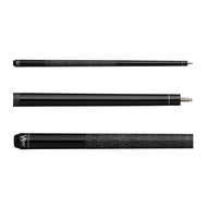 Three black cue sticks with wrapped grip sections and metal tips arranged horizontally