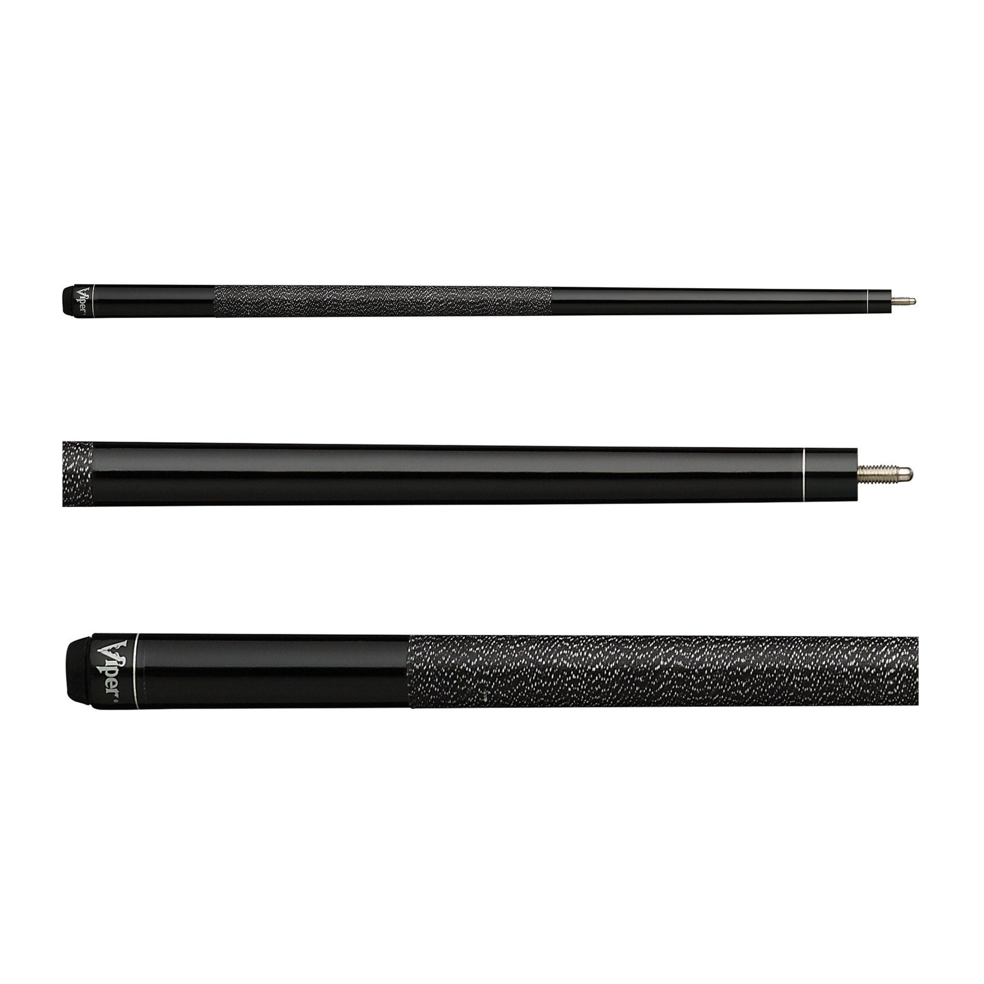 Three black cue sticks with wrapped grip sections and metal tips arranged horizontally
