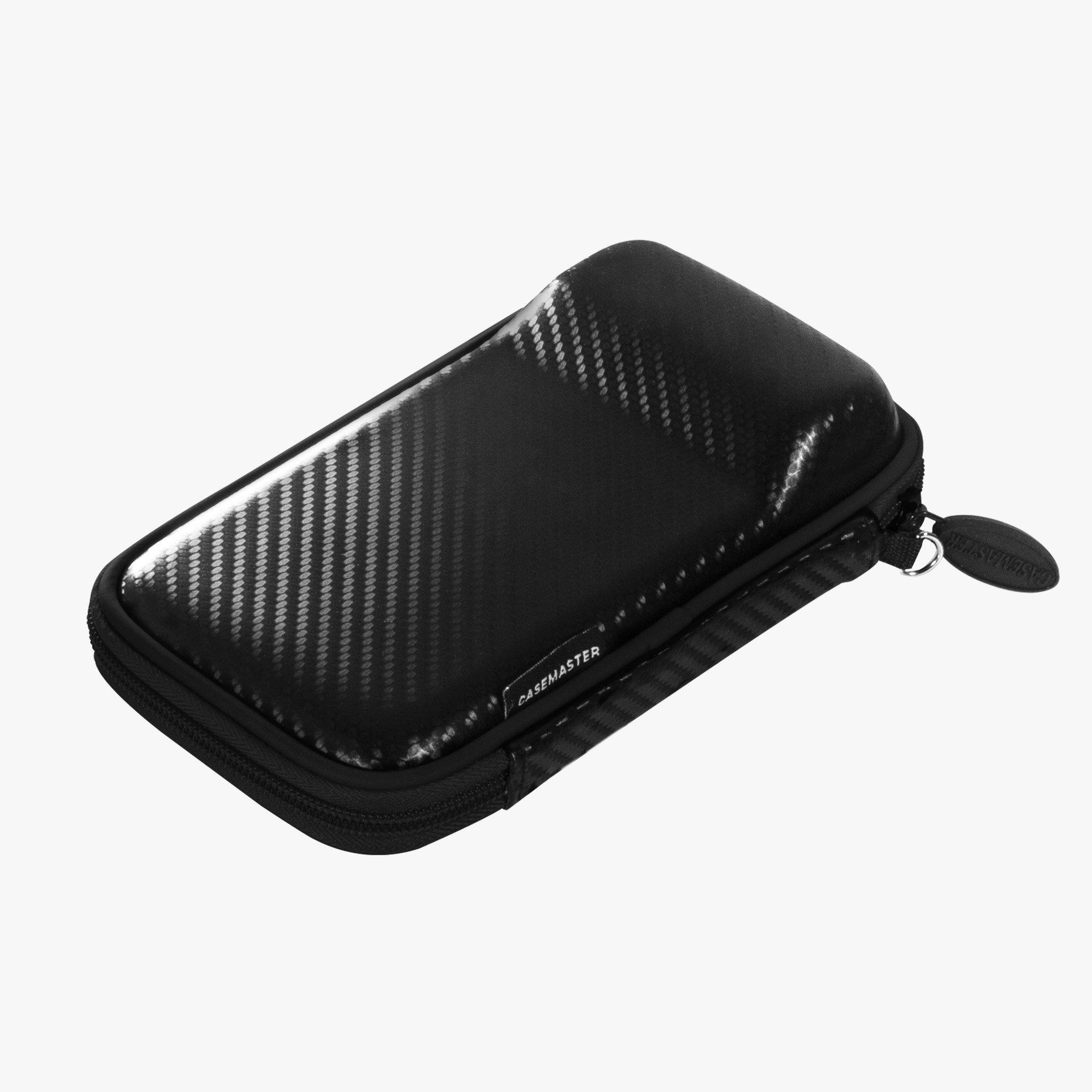 Black dart case with carbon-fiber pattern top and zippered closure