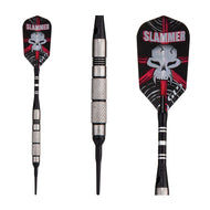 Three darts with black and red skull-design flights, silver barrels, and textured grips