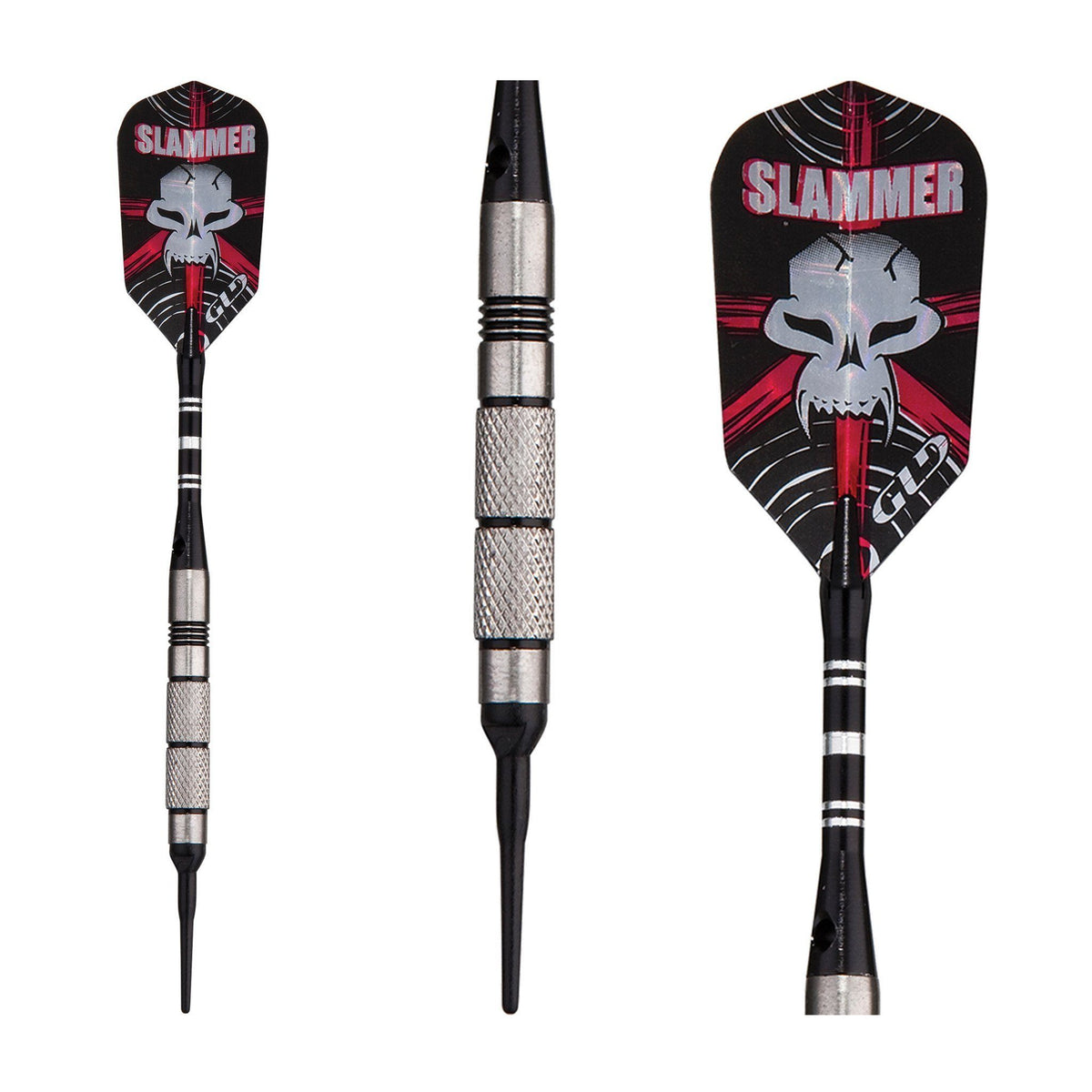 Three darts with black and red skull-design flights, silver barrels, and textured grips