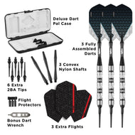 Open dart case with three assembled darts, shafts, tips, flights, and wrench