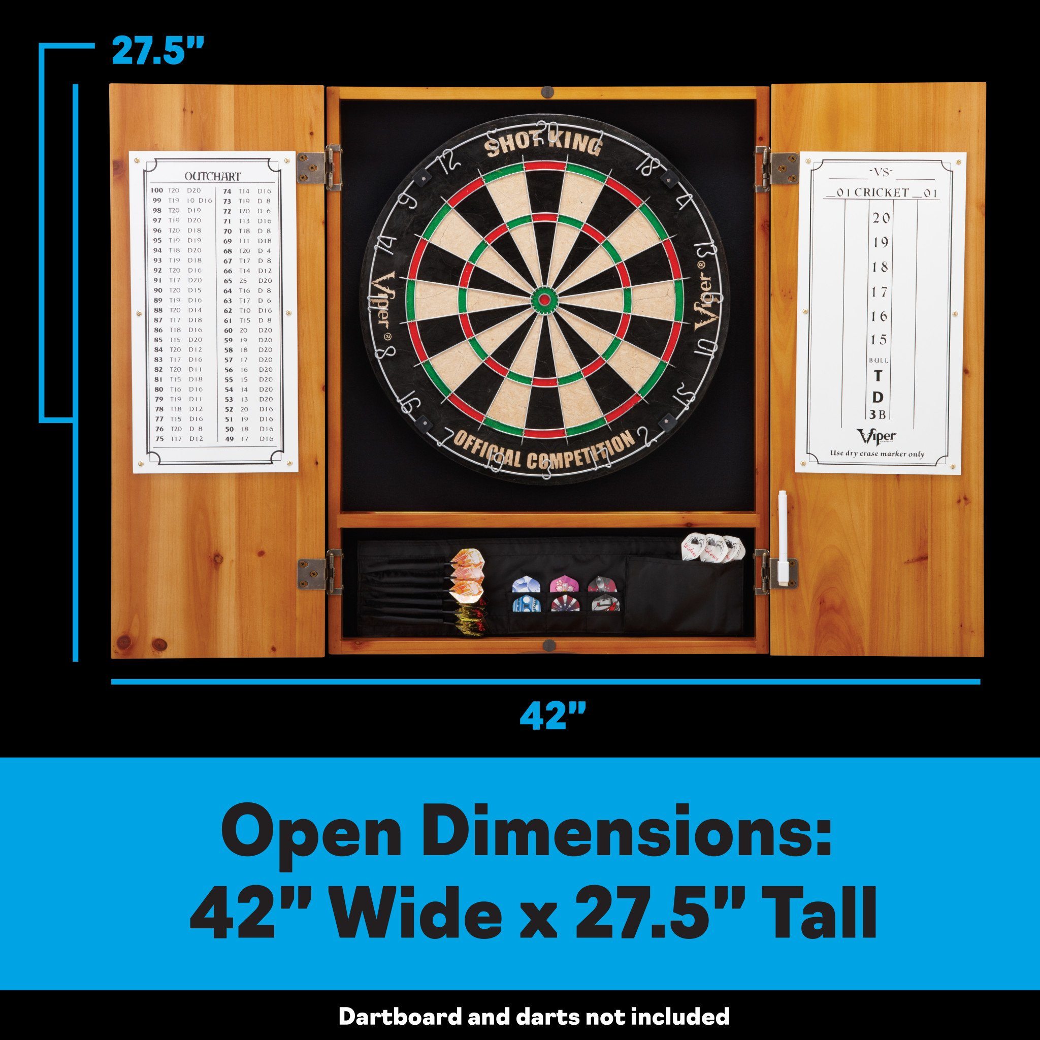 Dartboard cabinet with wooden frame, center board, side scorecard panels, 42" wide by 27.5" tall