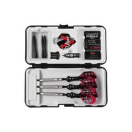 Open case with three darts with red flights and textured black barrels, plus accessories
