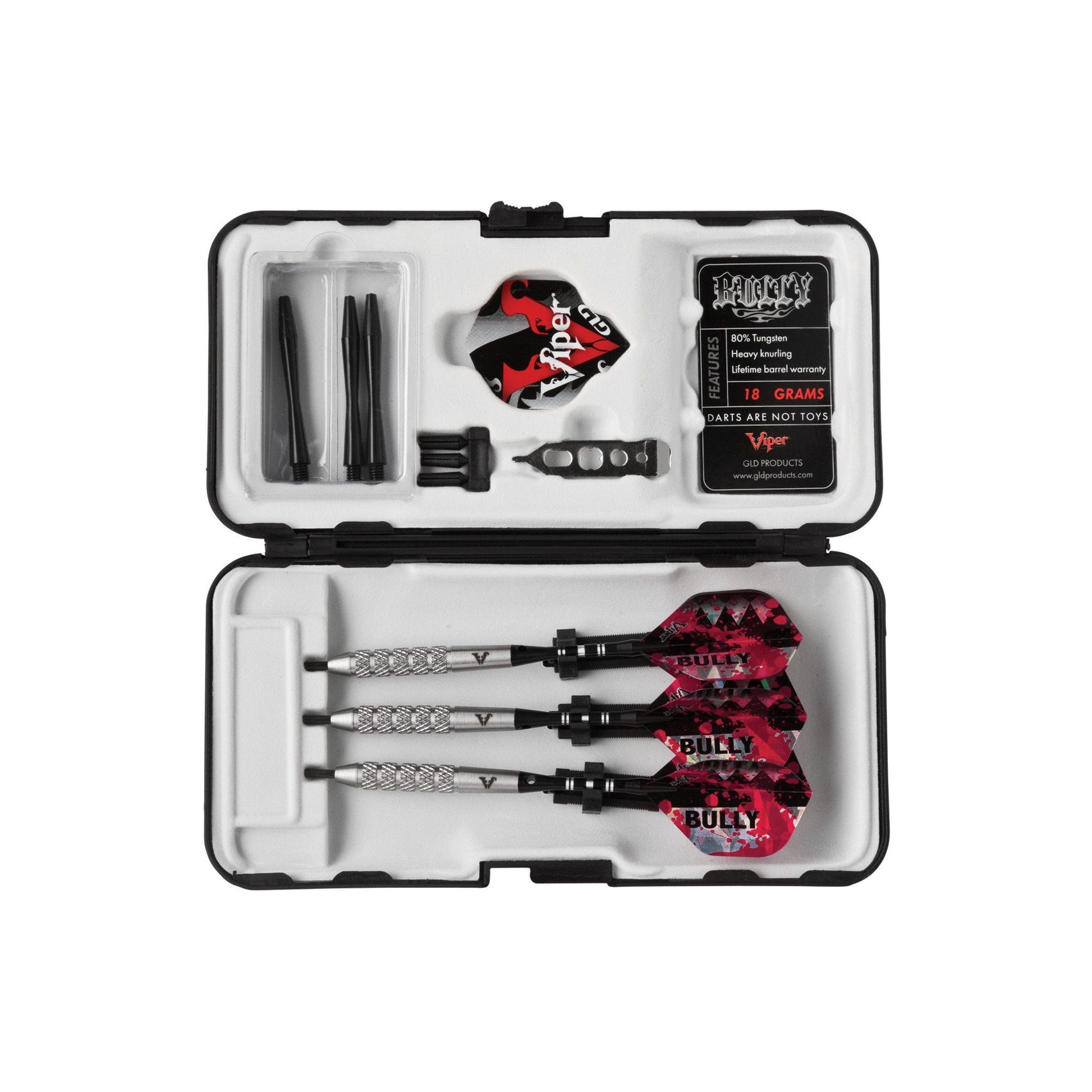 Open case with three darts with red flights and textured black barrels, plus accessories