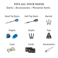 Infographic showing nine dart components and accessories with labeled categories and product images