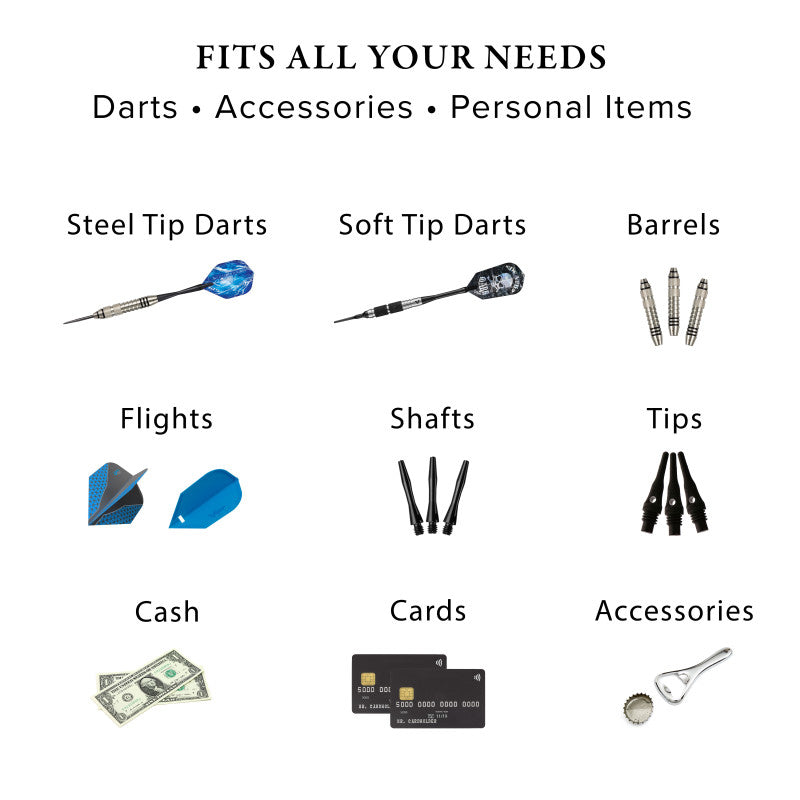Infographic showing nine dart components and accessories with labeled categories and product images