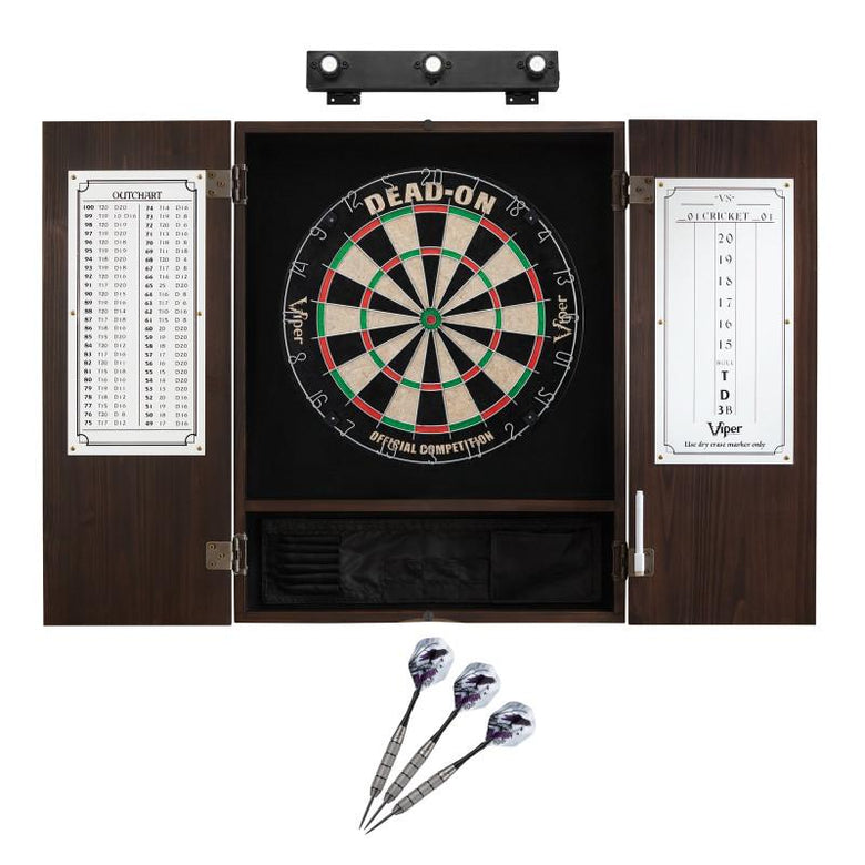 Viper Dead On Sisal Dartboard, Metropolitan Espresso Cabinet, Underground The Raven Steel Tip Darts & Shadow Buster Dartboard Lights Darts Viper 