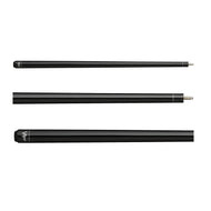 Three black billiard cues with metal ferrules and branded sleeves arranged horizontally