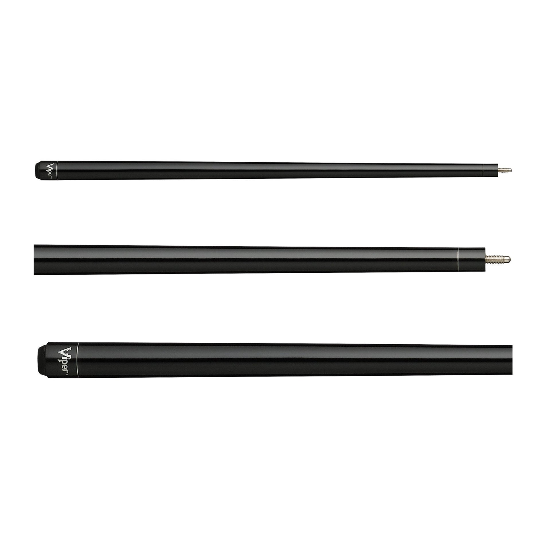 Three black billiard cues with metal ferrules and branded sleeves arranged horizontally