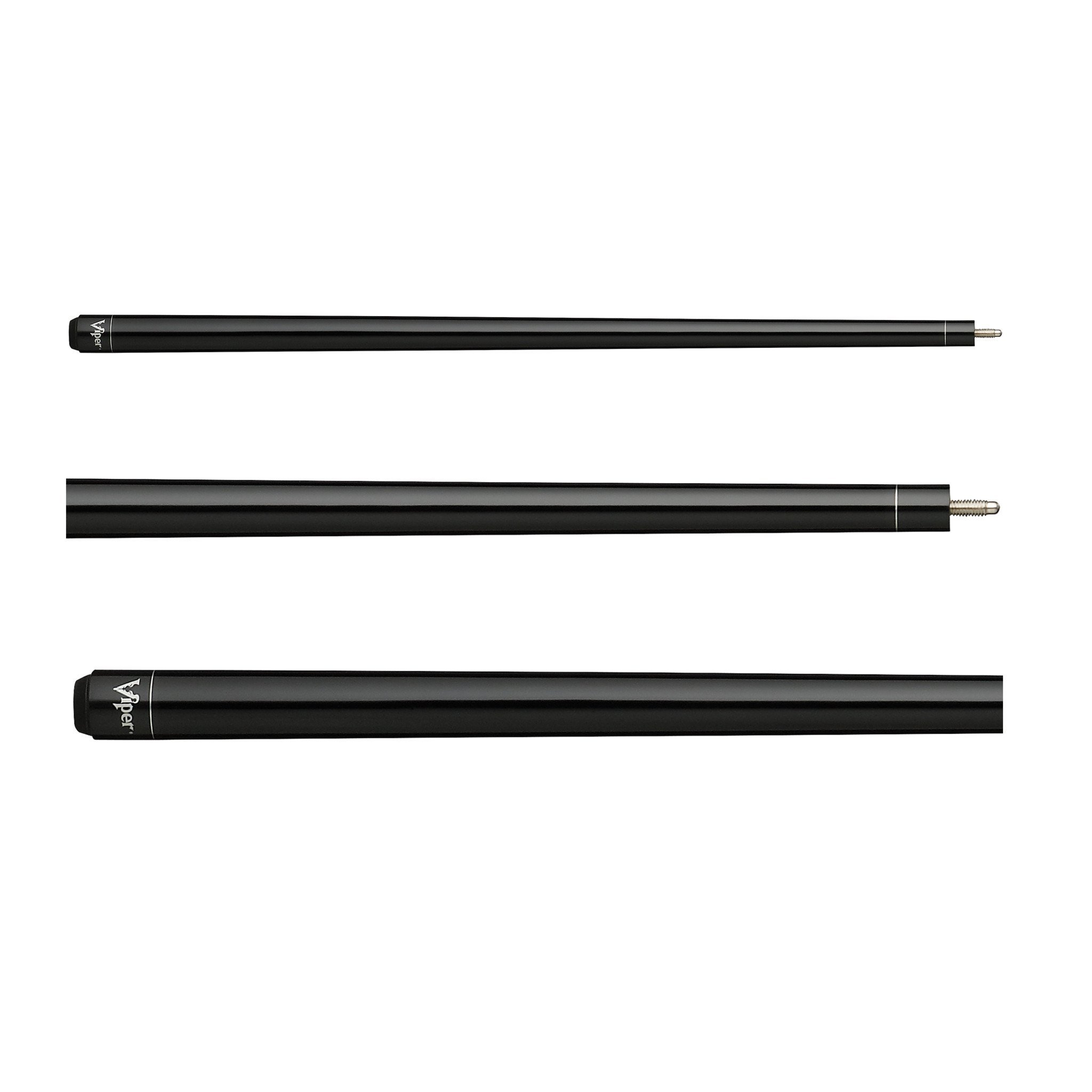 Three black billiard cues with metal ferrules and branded sleeves arranged horizontally