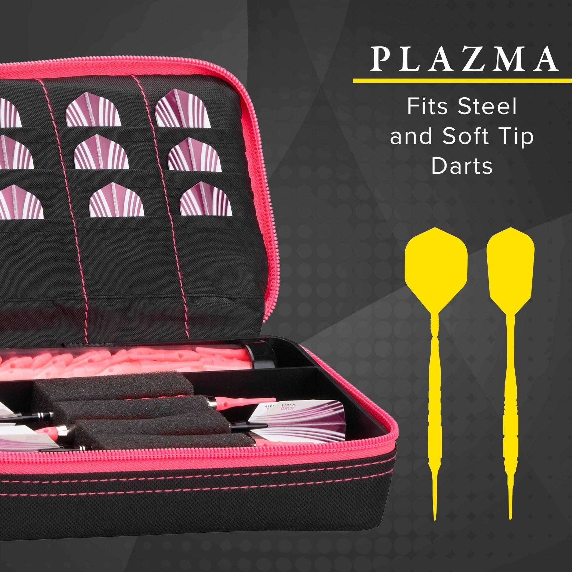 Black and pink dart case with nine compartments and two yellow darts displayed beside it