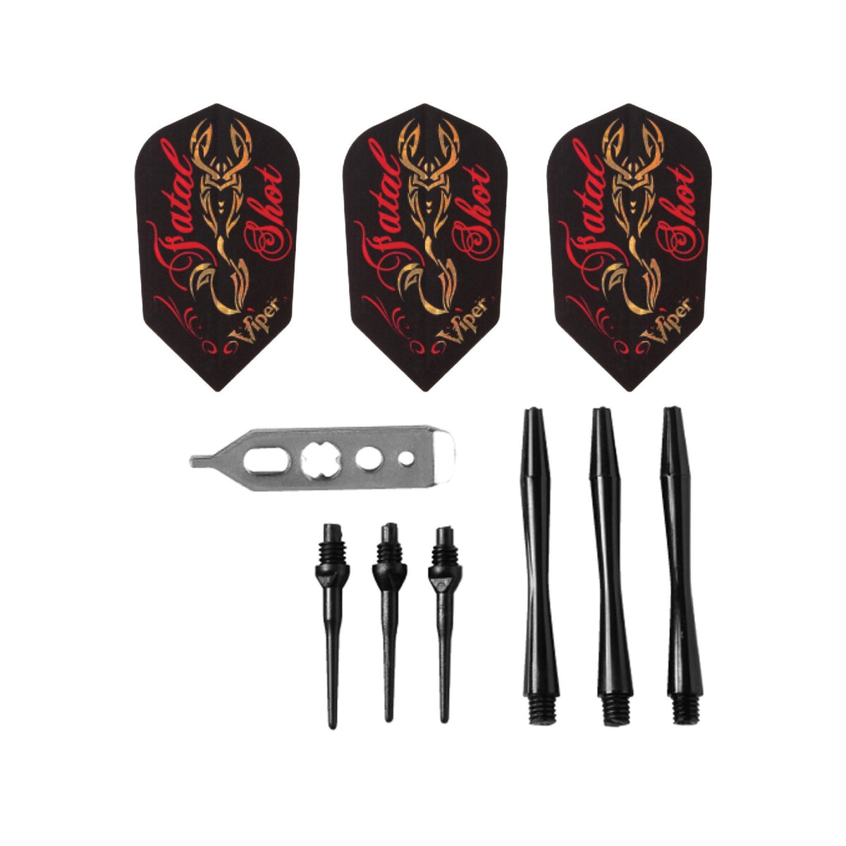 Dart flight set with stag design, metal tool, black points and shafts