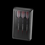 Black plastic dart case with clear panel holding three darts with red and white flights