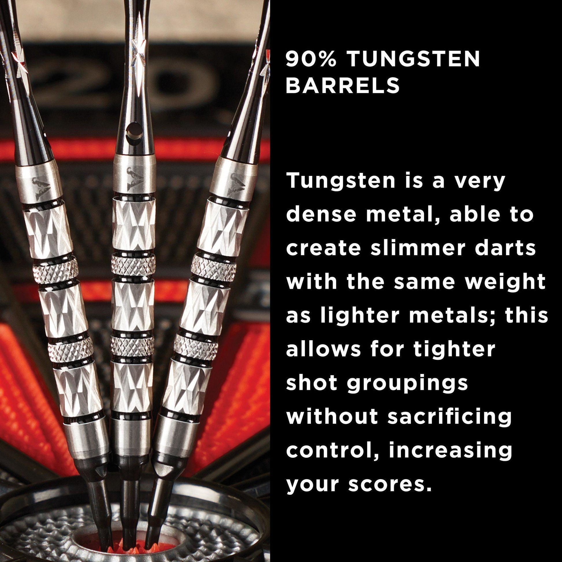 Three darts with silver barrels and black rings displayed point-down on dartboard