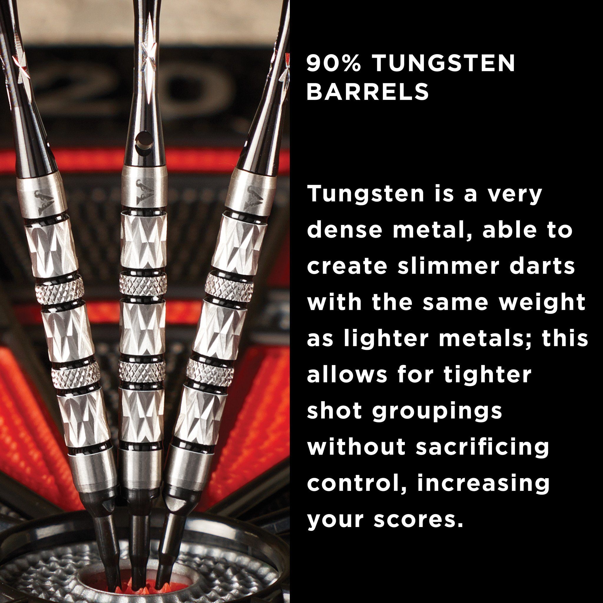 Three darts with silver barrels and black rings displayed point-down on dartboard