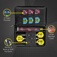 Open black dart case displaying six flight pockets, three yellow darts, and storage tube