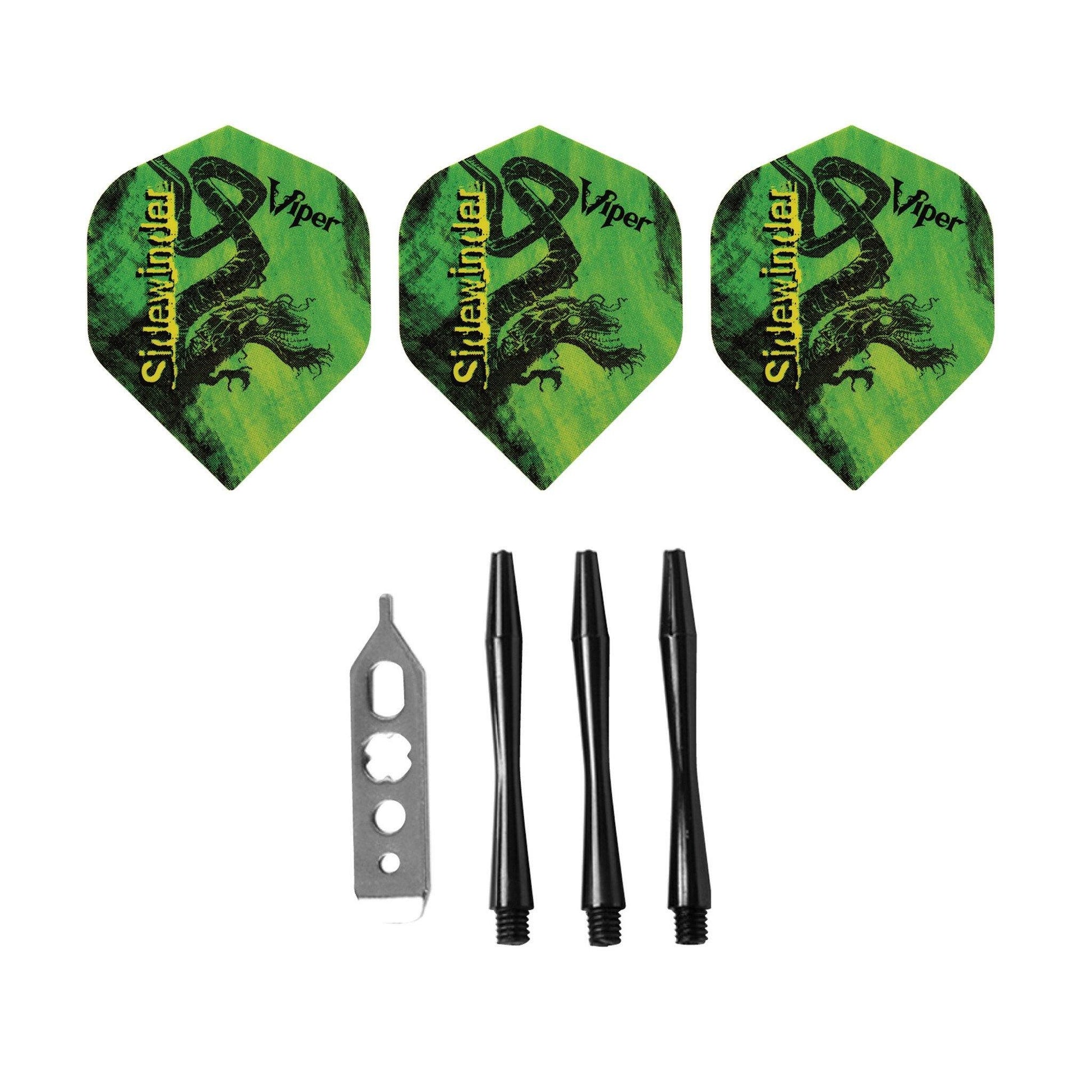 Three green dart flights, gray flight tool, and three black dart shafts