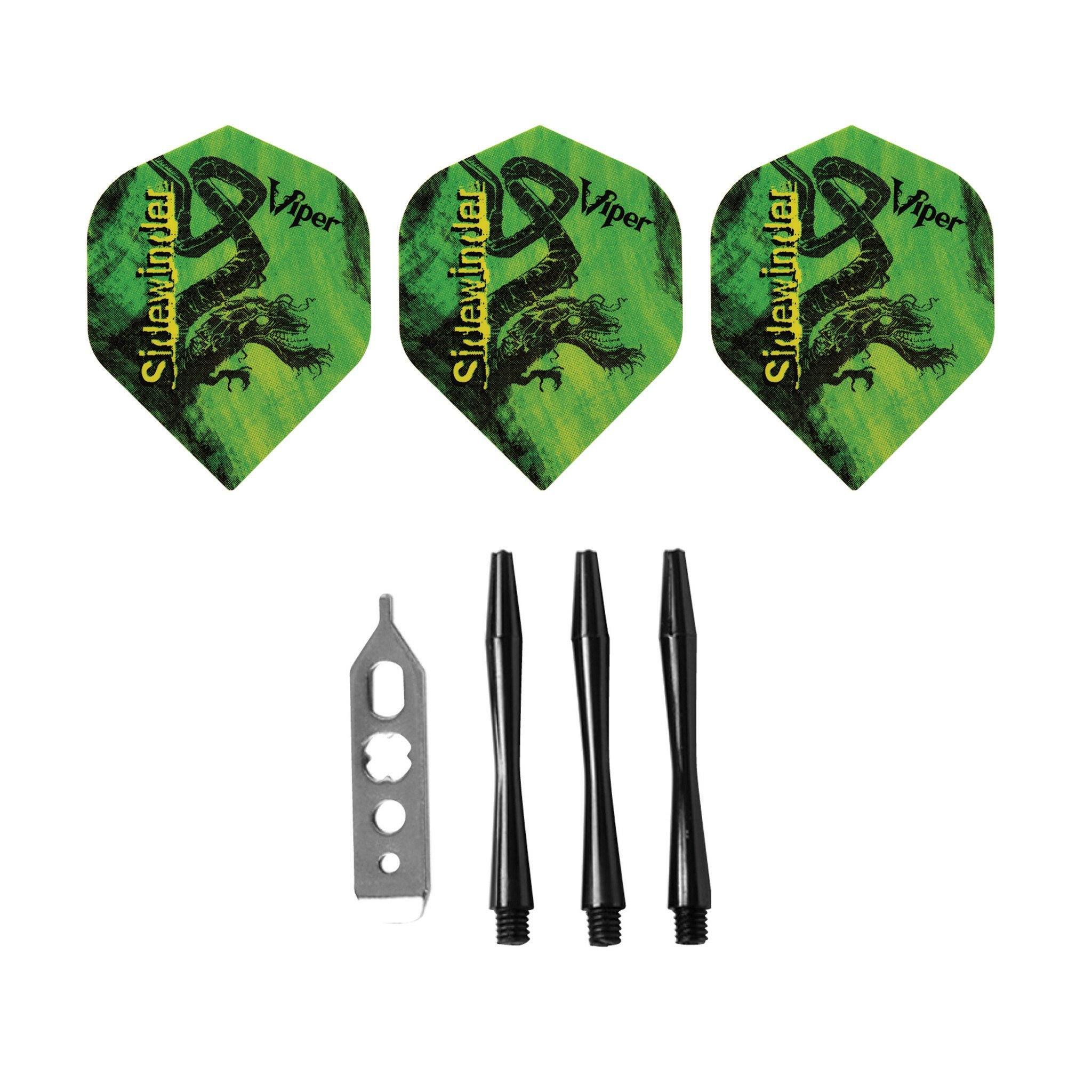 Three green dart flights, gray flight tool, and three black dart shafts