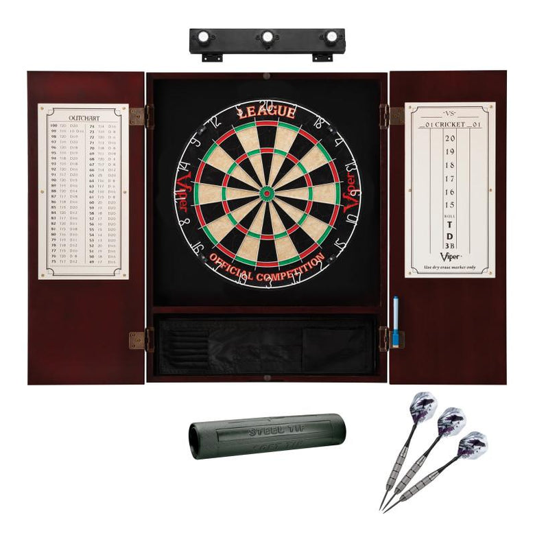 Viper League Sisal Dartboard, Metropolitan Mahogany Cabinet, Shadow Buster Dartboard Lights & Padded Dart Mat Darts Viper 