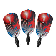 Three red and black dart flights with blue stripes and black metal shafts