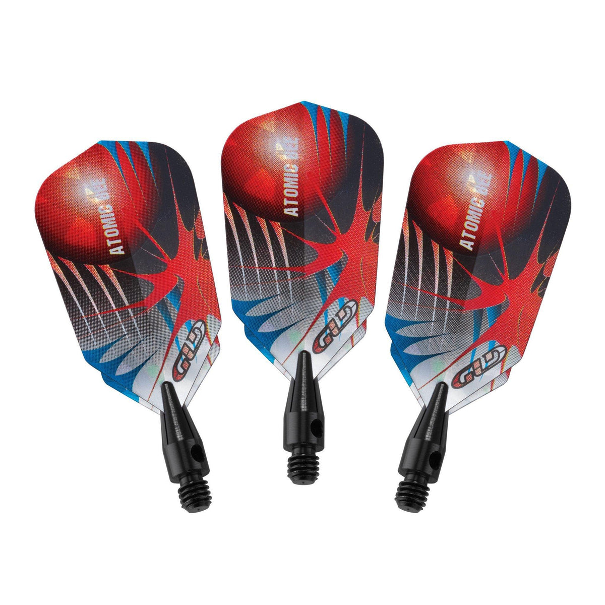 Three red and black dart flights with blue stripes and black metal shafts