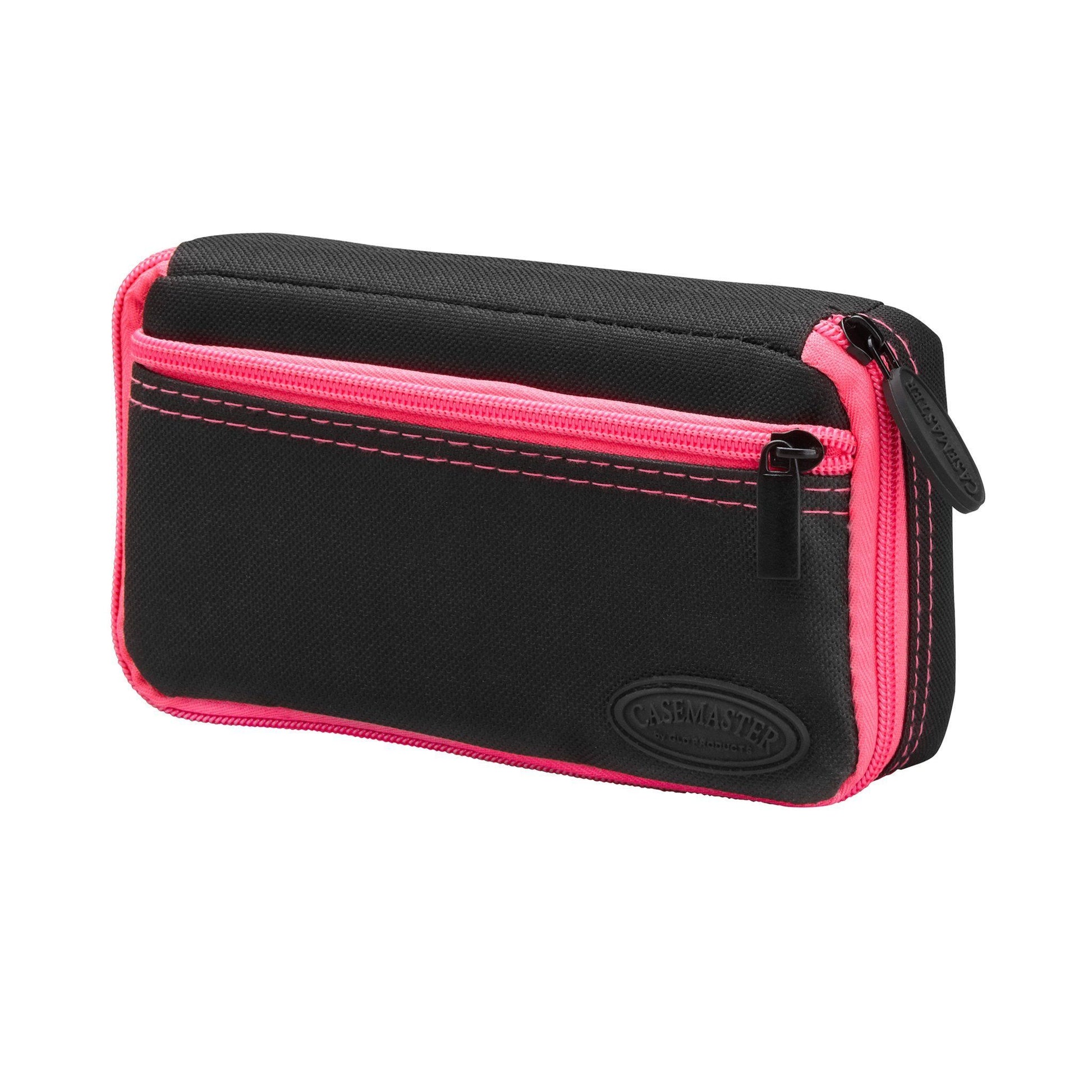 Black and pink nylon dart case with zippered compartments and carrying handle