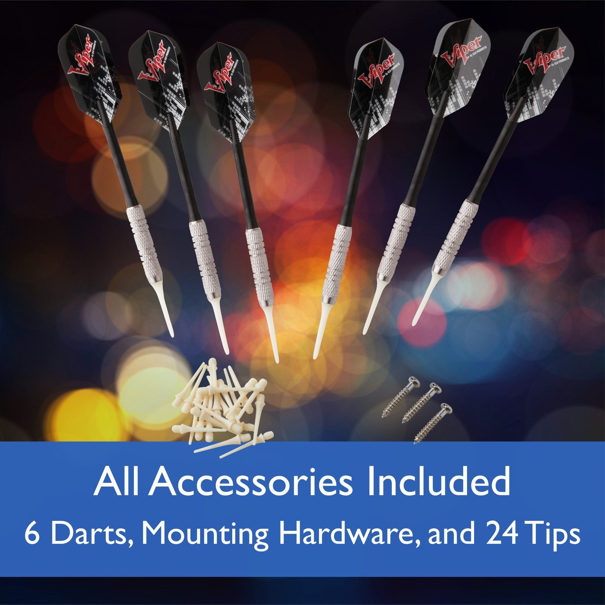 Six darts with black flights and white-wrapped shafts, mounting hardware, and replacement tips