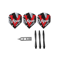Three Viper dart flights with red and black design, metal tool, and three black stems