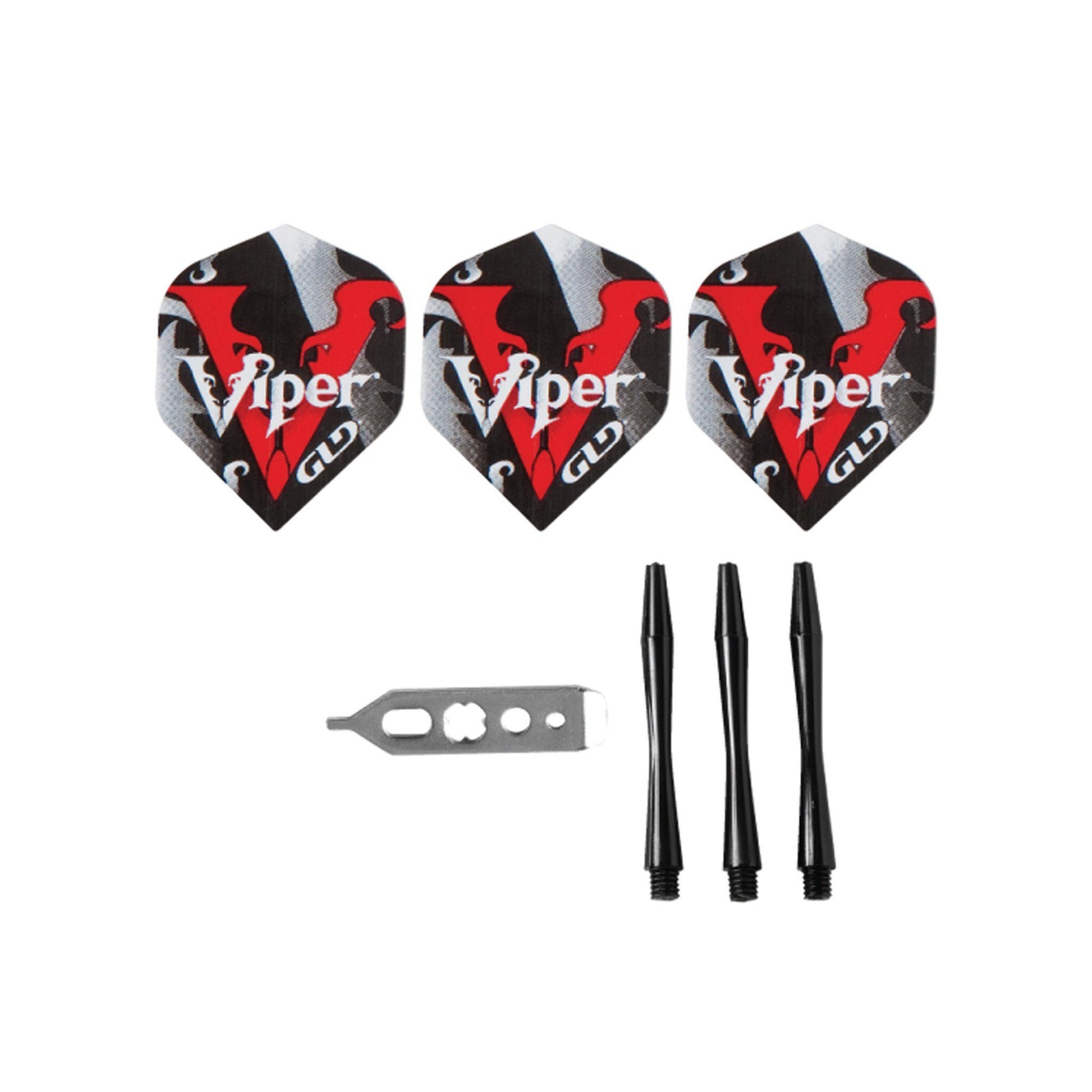 Three Viper dart flights with red and black design, metal tool, and three black stems