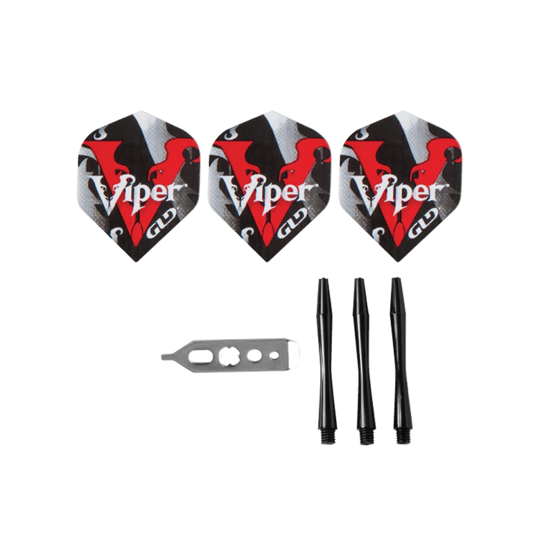 Three Viper dart flights with red and black design, metal tool, and three black stems