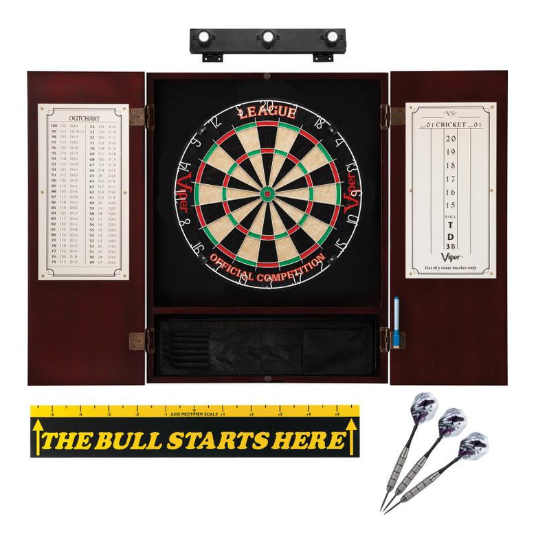 Viper League Sisal Dartboard, Metropolitan Mahogany Cabinet, Shadow Buster Dartboard Lights & "The Bull Starts Here" Throw Line Marker Darts Viper 