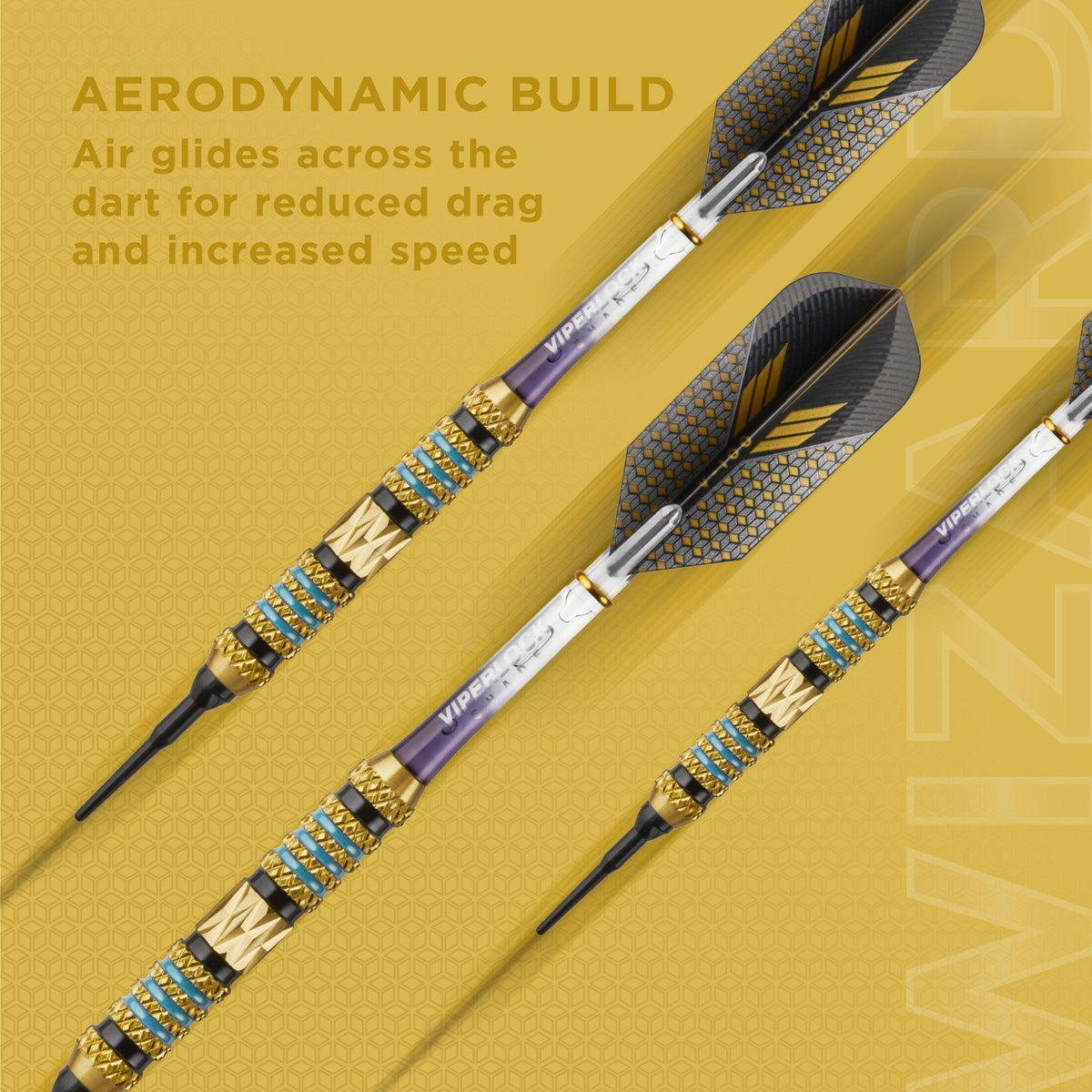 Three darts with purple shafts, gold and turquoise grips, gray and yellow flights