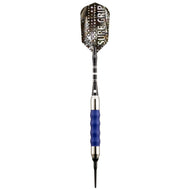 Dart with perforated metal flight, black shaft with white bands, blue textured grip
