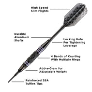 Diagram of black dart with gray flight and labeled component parts