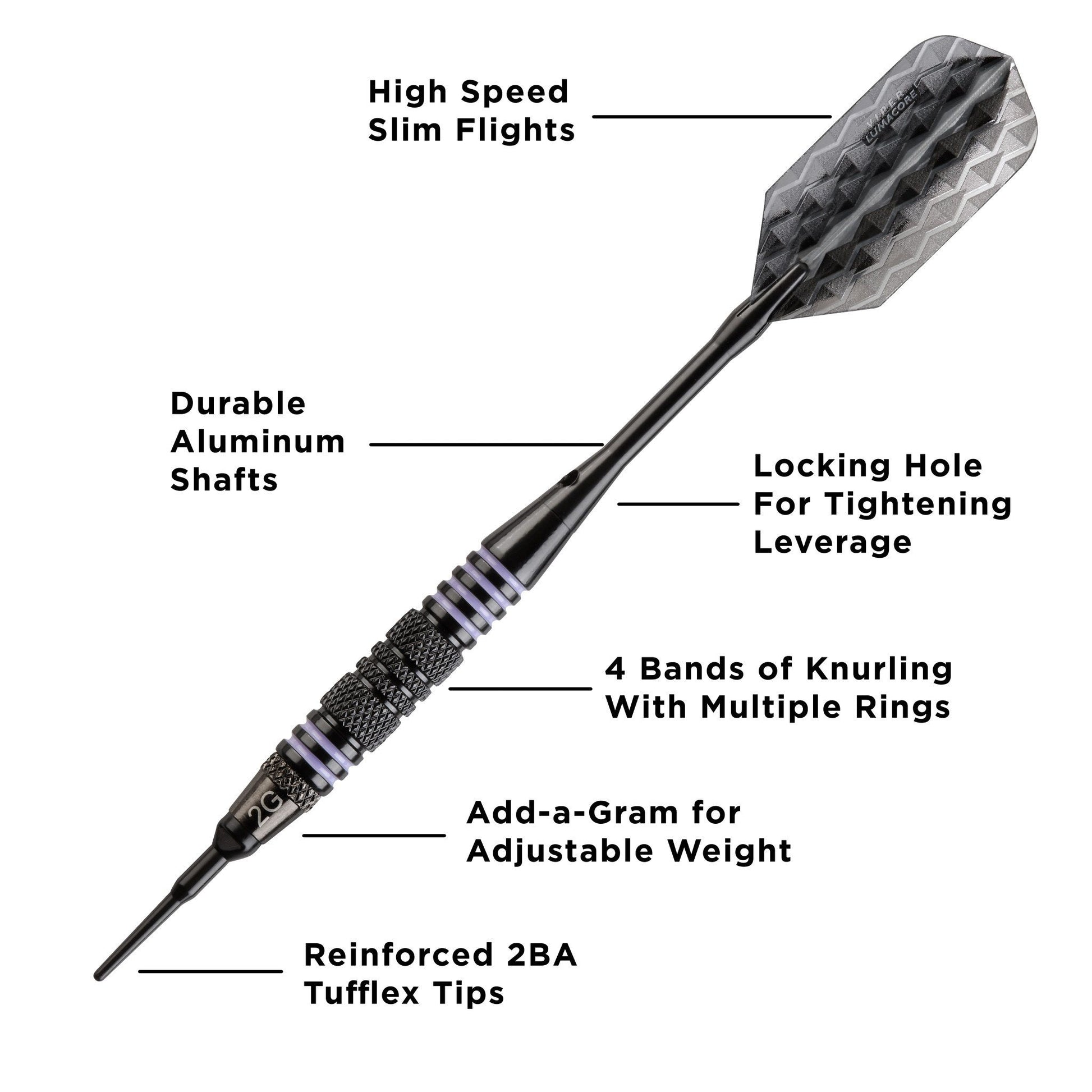 Diagram of black dart with gray flight and labeled component parts