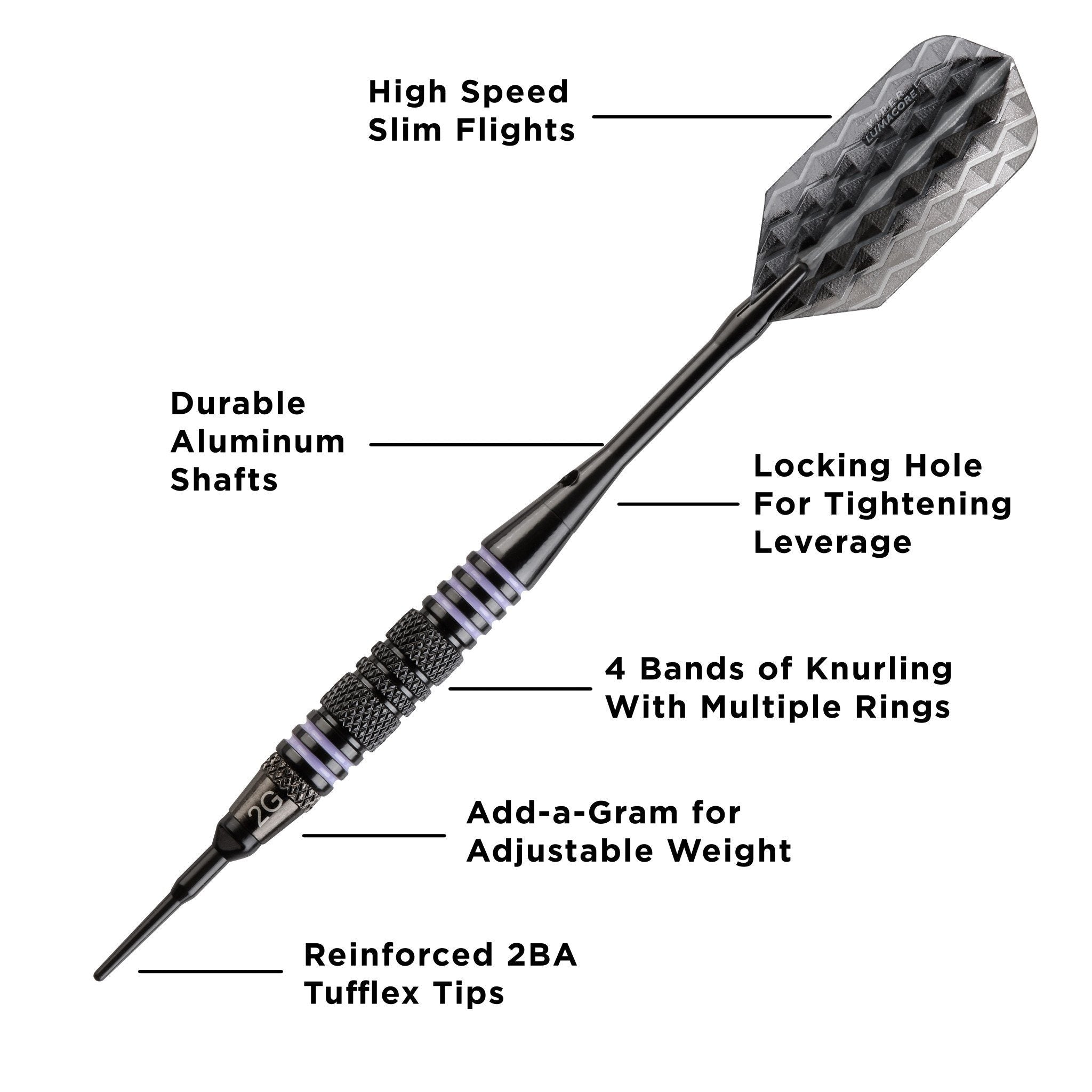 Diagram of black dart with gray flight and labeled component parts