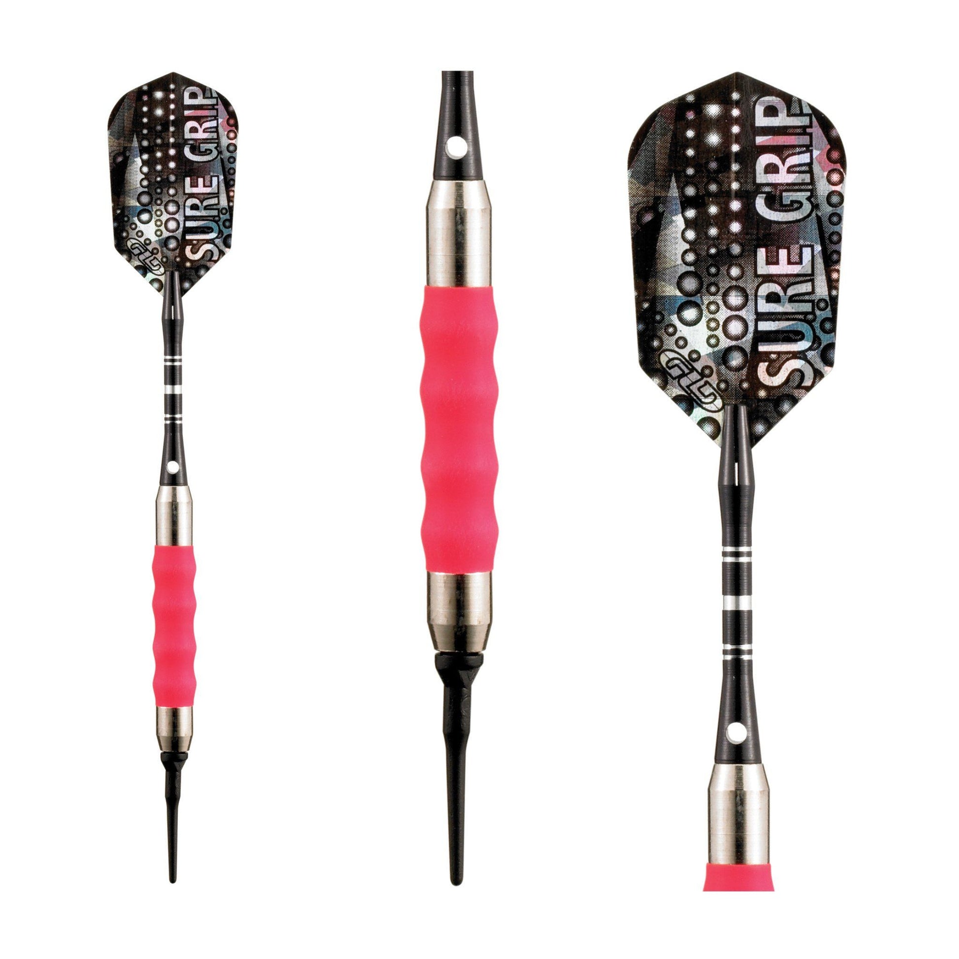 Three darts with black flights, metal barrels, pink grips, and black points