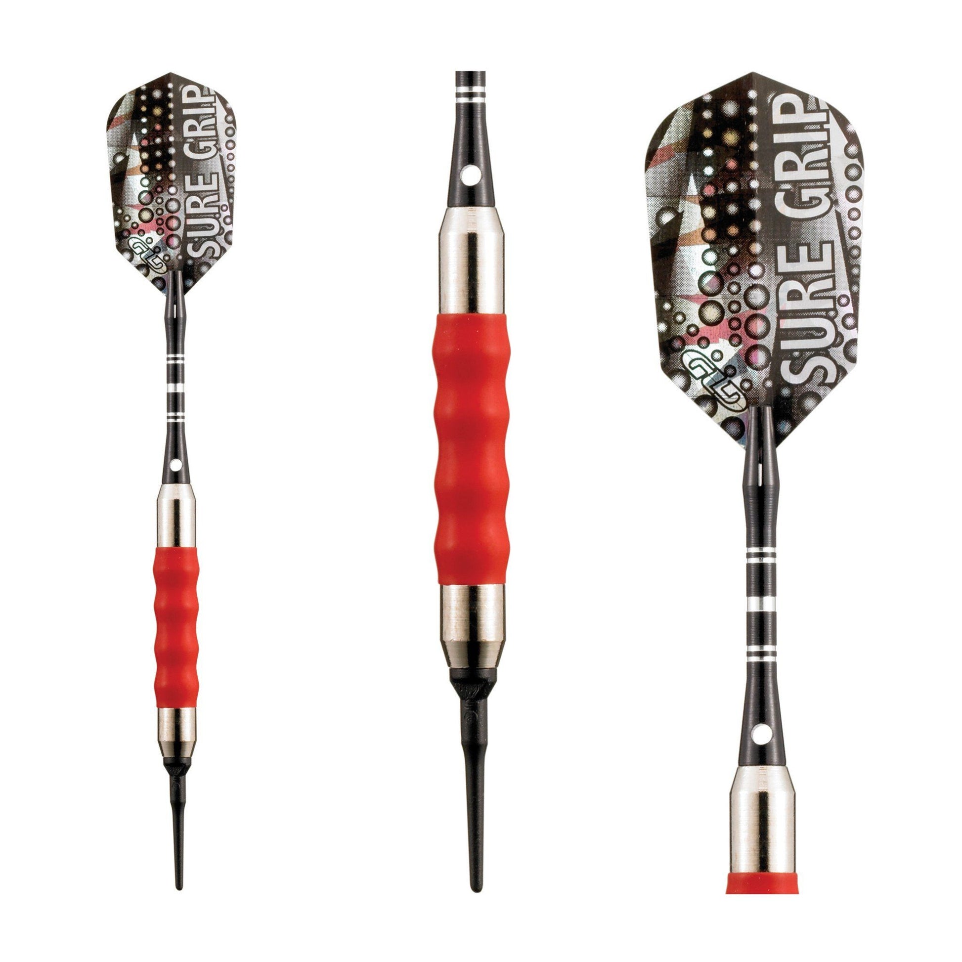 Three darts with red grips, metal ferrules, and black shafts with studded heads
